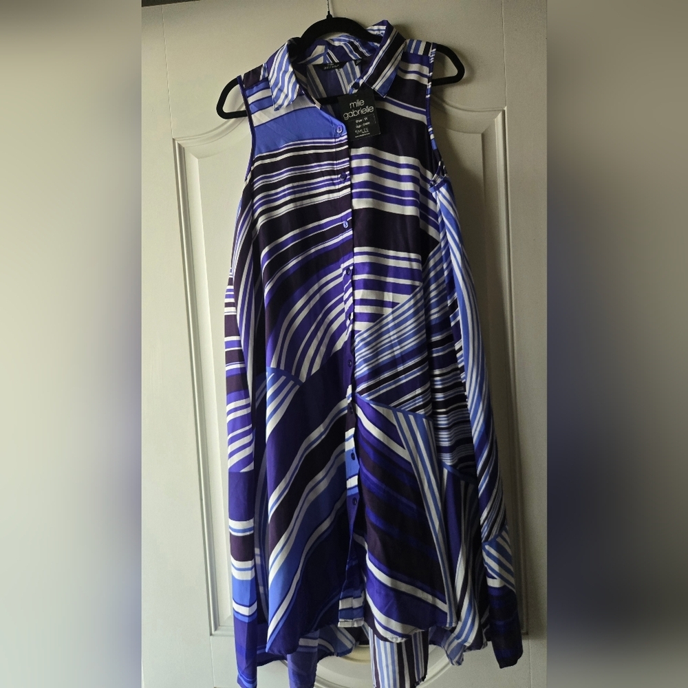 NWT Mlle Gabrielle Sleeveless Purple Patchwork Stripe Shirtdress Plus - Size 1X